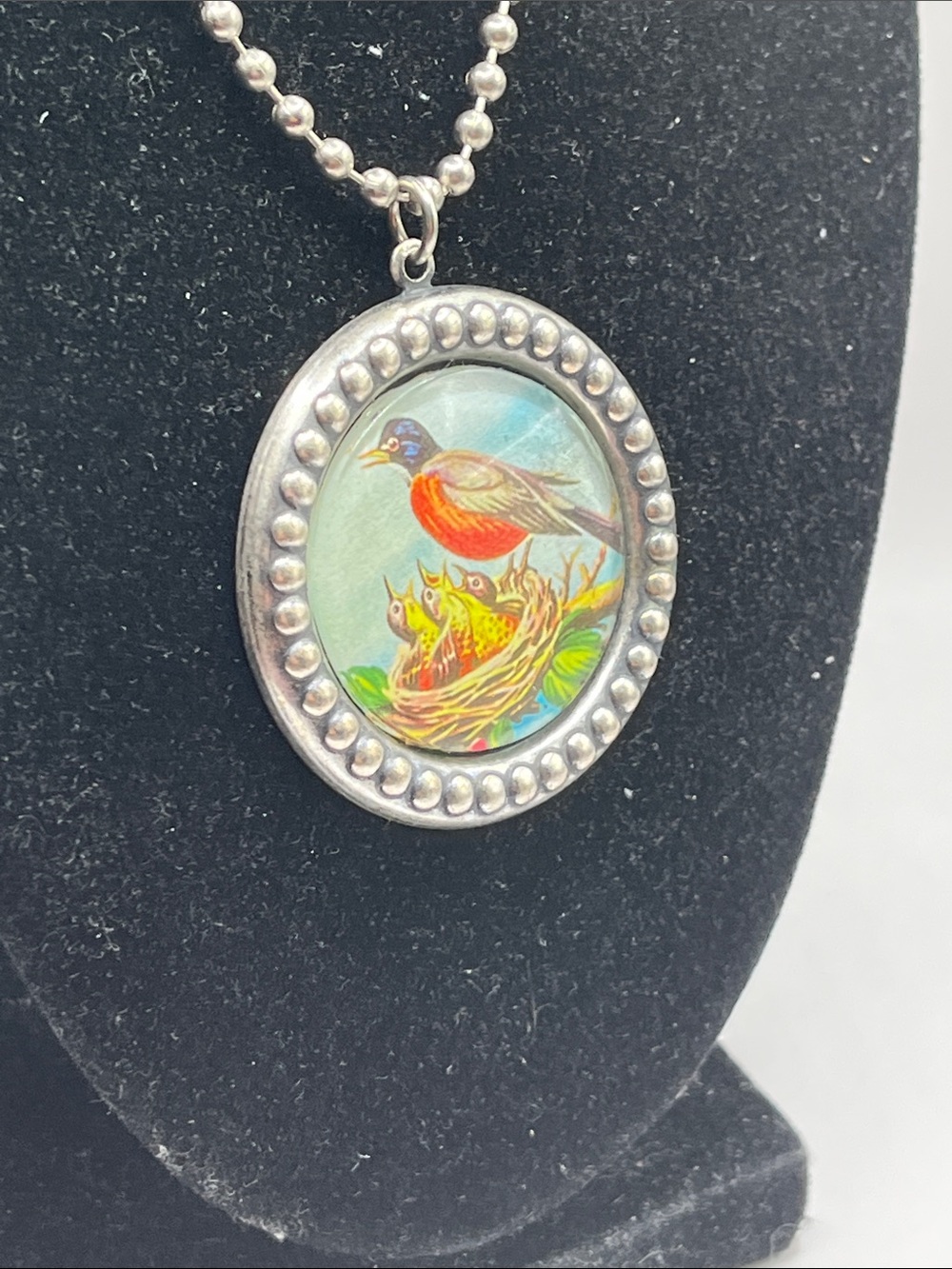 Silver-Tone Bird Pendant Necklace with Orange & Blue Bird Motif - - Picture 4 of 6